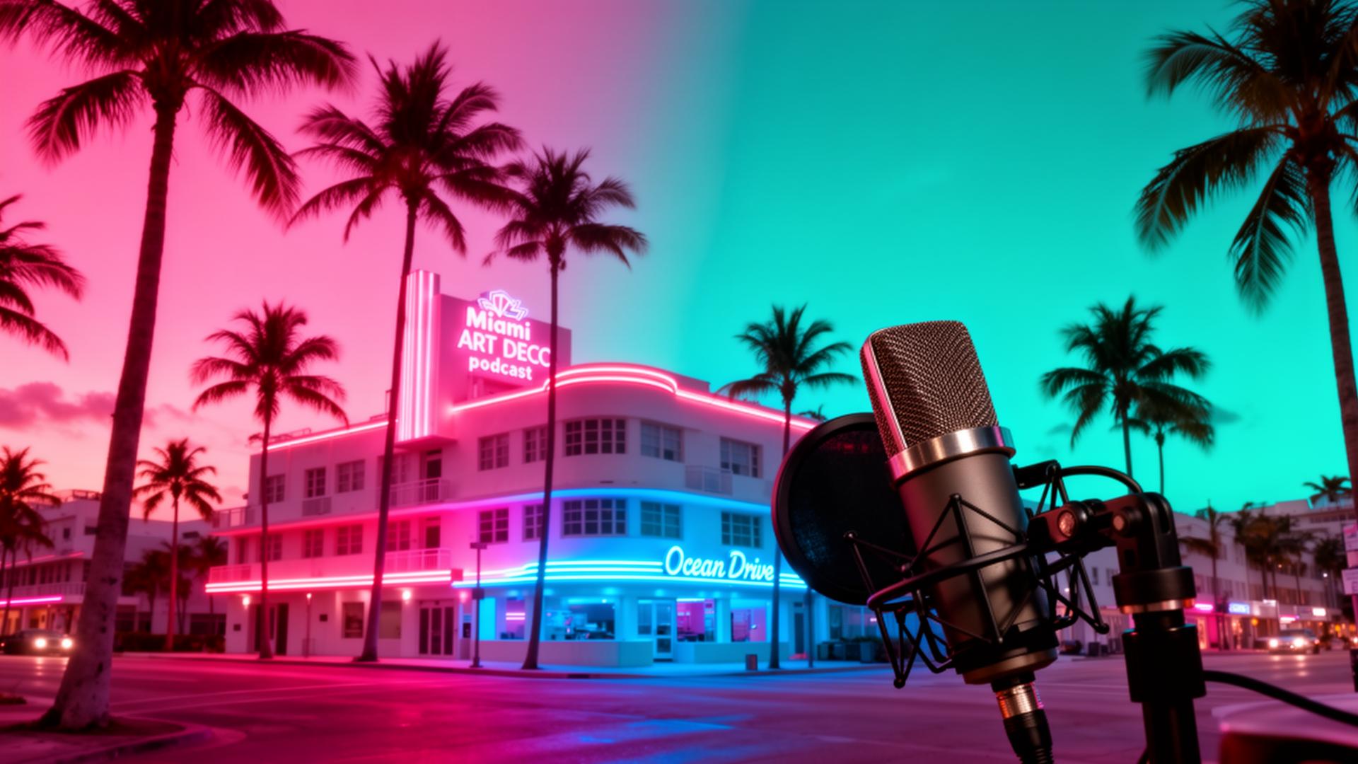 Miami Art Deco podcast studio at sunset with neon lights