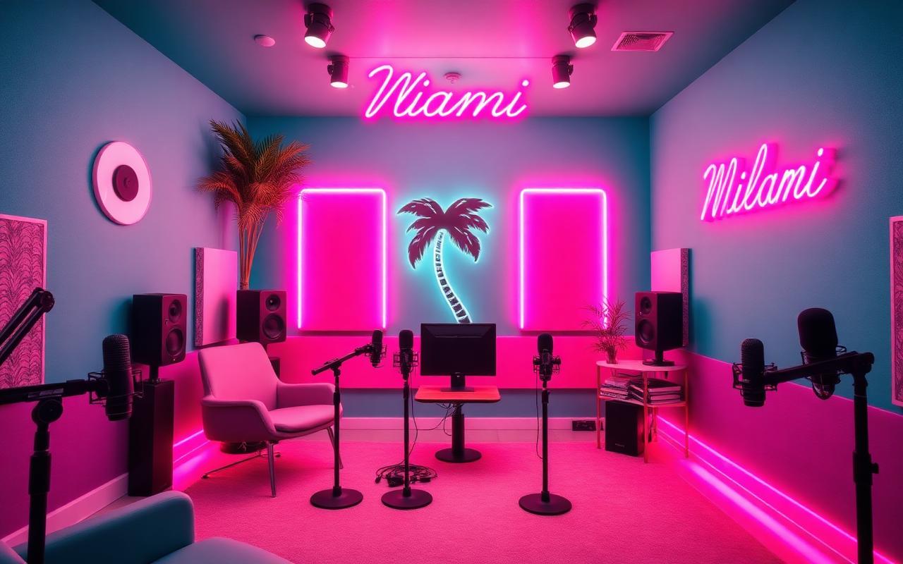 Inside our Miami podcast studio with pink neon lighting